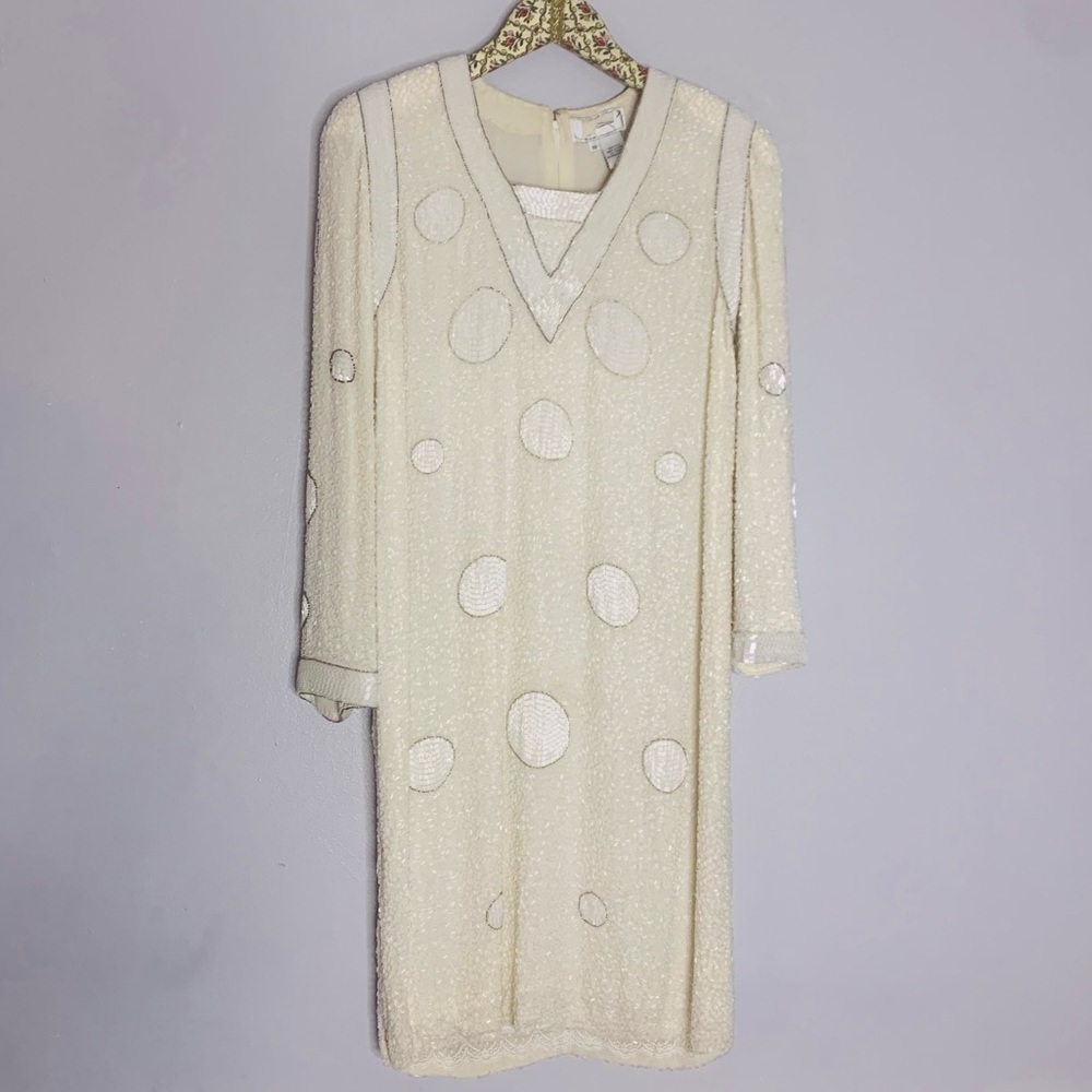 Vintage Bob Mackie Silk Beaded Geometric Long Sleeve Winter White Mini Dress 12
